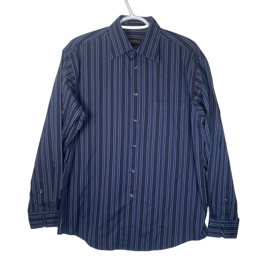 Alfred Sung Blue Black Striped 100% Cotton Long Sleeve Button Down Dress Shirt M